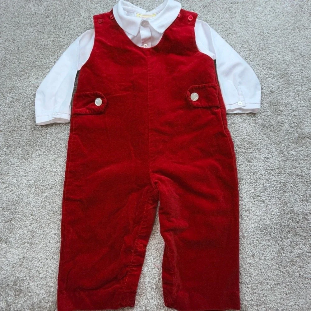 Carriage Boutiques Red Velvet Overalls & White Shirt Set 9M